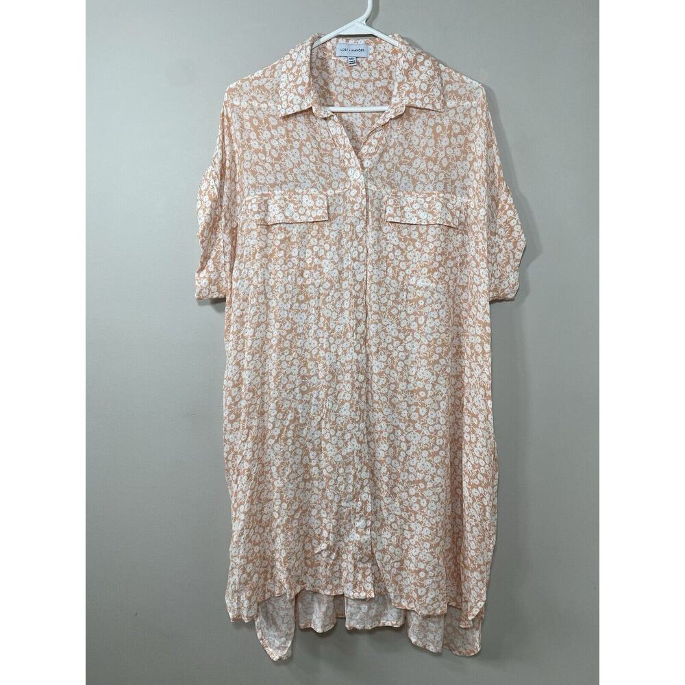 Lost + Wander Shirt Dress Women's Medium/Large Pink White Floral Bohemian Casual
